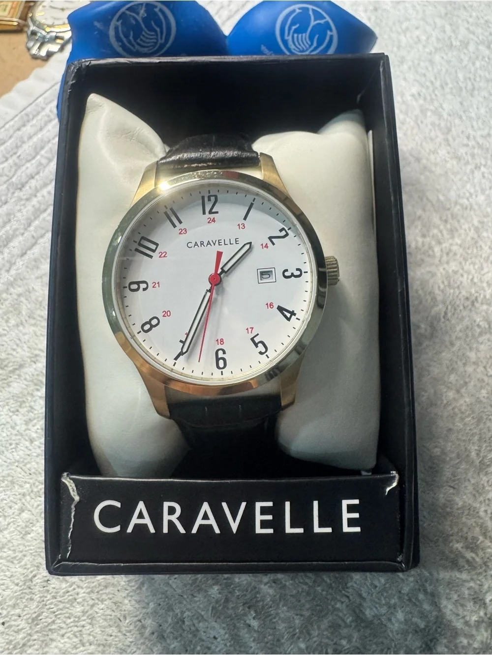 #216 Bulova Gold-Tone Case White Dial Watch with Black Strap and Red Seconds